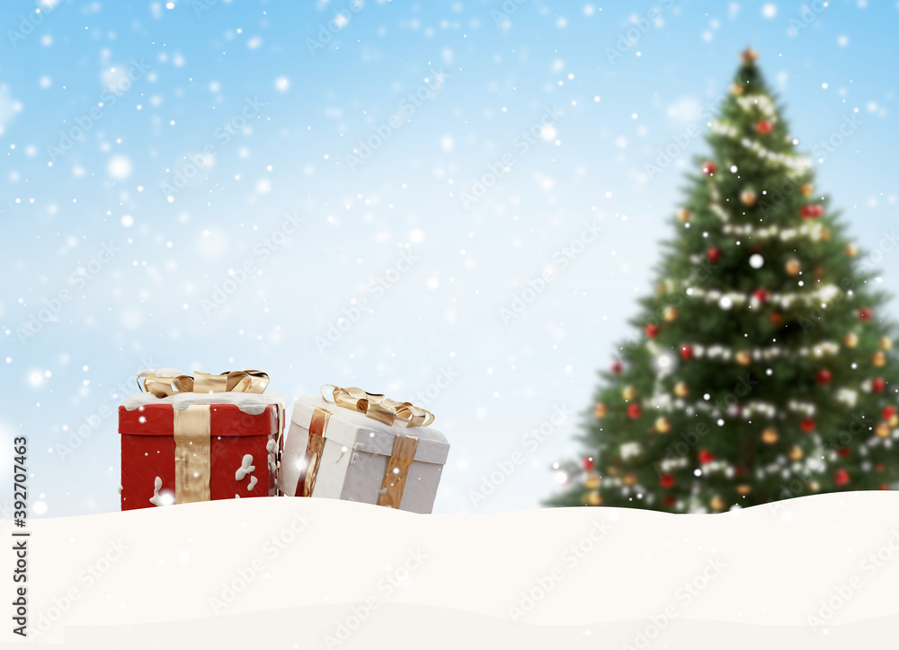 Christmas presents snowflakes outdoor snow background 3d-illustration