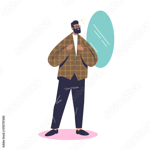 Hipster man looking in mirror after haircut or beard trimming in modern barbershop salon