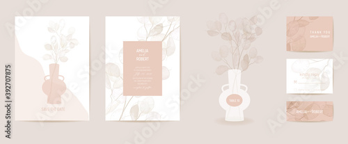 Dried lunaria flower boho invitation vector card. Wedding vintage botanical Save the Date set