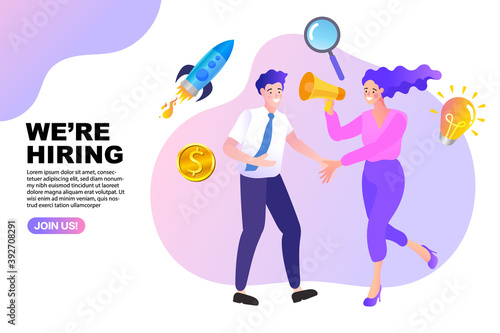 Find people employer business concept. Megaphone With We're Hiring Speech. Job hiring and online recruitment