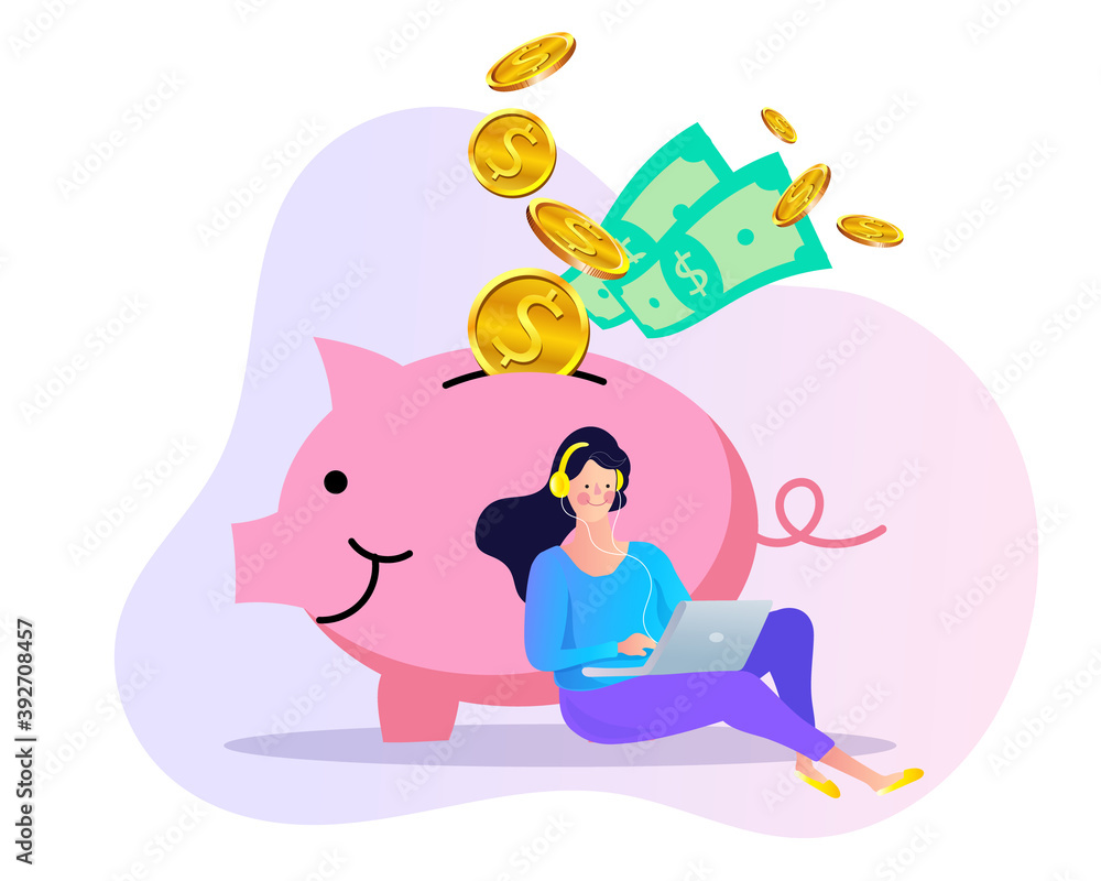 A business woman sitting near a piggy bank. Future needs, loan, education or mortgage credit, savings, financial risk and safety concept. Making money.