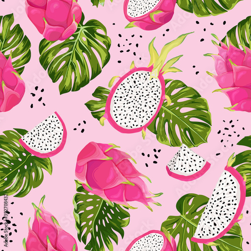 Seamless dragon fruits pattern, watercolor pitaya and monstera leaves background. Hand drawn