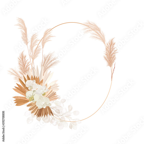 Wedding dried lunaria, orchid, pampas grass floral wreath. Vector Exotic dried flowers, palm leaves boho