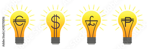 Set of colorful vector lightbulbs with dollar, euro, peso, linear business idea. Simple isolated finance currency symbols with money signs in the bulb