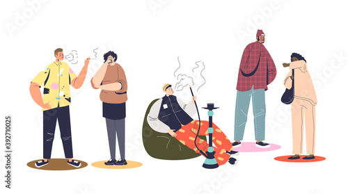 Set of people smoking or suffering from cigarette and hookah smoke, passive smokers