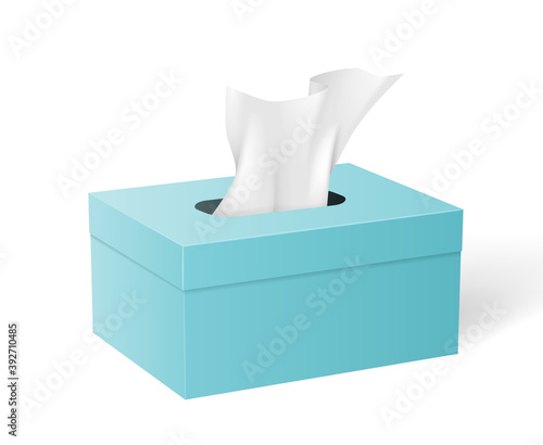 Box with white paper napkins. Realistic mockup of blue cardboard package with tissues isolated