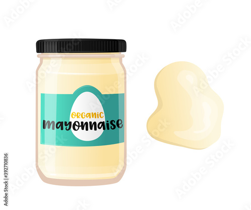 Realistic Glass Jar with Mayonnaise Sauce, Bottle with Label. Dressing for Meal, Traditional Condiment with Spilled Spot