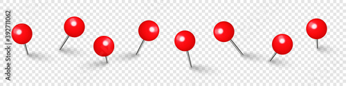 Realistic red push pins. Board tacks isolated on transparent background. Plastic pushpin with needle. Vector illustration.