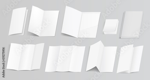 Set of realistic paper brochures and booklets, mock up of two and trifold template cards