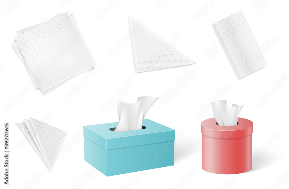 Set of paper napkins and tissues folded in different forms and inside of  boxes Stock-Vektorgrafik | Adobe Stock