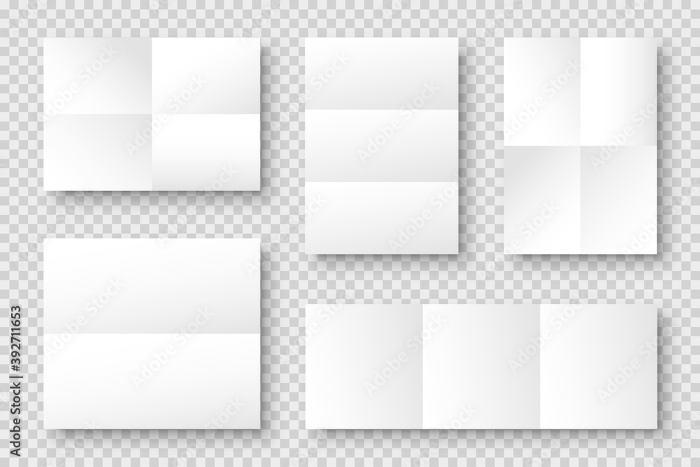 Blank folded paper sheets collection. White notebook or book page. Design template or mockup. Vector illustration. Blank folded paper sheets collection. White notebook or book page. Design template or mockup. Vector illustration.