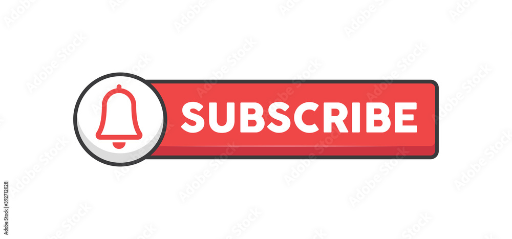 Subscribe red button with bell icon. Subscription to channel in social media. Flat style vector design. Subscribe red button with bell icon. Subscription to channel in social media. Flat style vector design.
