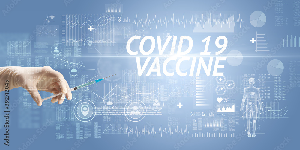 Syringe needle with virus vaccine and COVID 19 VACCINE inscription, antidote concept Syringe needle with virus vaccine and COVID 19 VACCINE inscription, antidote concept