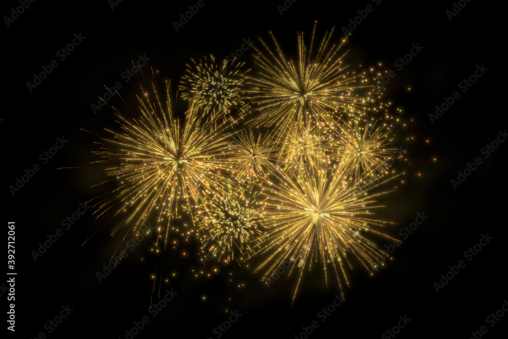 Realistic 3D illustration colorful gold luxury firework pyrotechnic night dark sky smoke isolated black background wallpaper use celebrate happy new year countdown festival anniversary birthday party