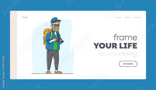 Tourist Photographer with Backpack and Photo Camera Landing Page Template. Creative Hobby, Backpacker Travel Activity