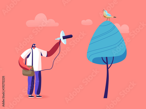 Birding, Professional Ornithology Concept. Ornithologist Male Character Using Special Equipment for Listening Birds photo