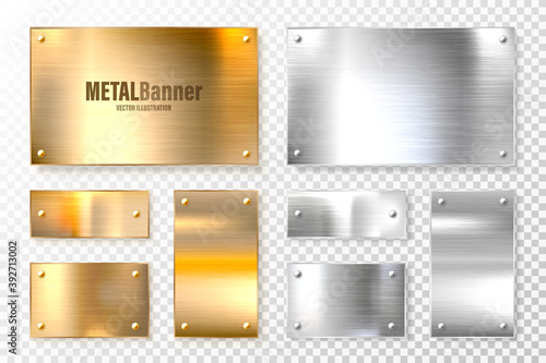 Realistic shiny metal banners set. Brushed steel and copper plate. Polished silver metal surface. Vector illustration.