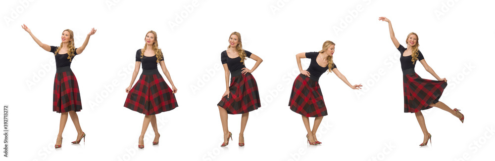 Beautiful young woman in plaid dress isolated on white Beautiful young woman in plaid dress isolated on white
