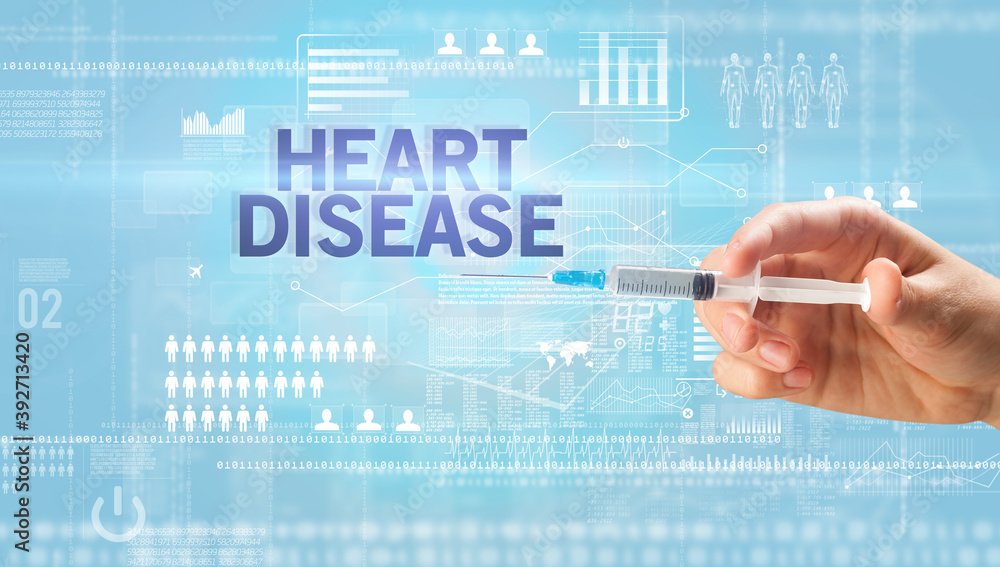Close-up view of doctor's hand in a white glove holding syringe with HEART DISEASE inscription, healthcare and medical concept Close-up view of doctor's hand in a white glove holding syringe with HEART DISEASE inscription, healthcare and medical concept