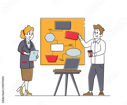 Teamwork, Agenda in Office Concept. Business Characters Sticking Papers on Big Scheme Organizer, Team Work Process