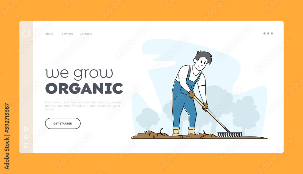 Gardening Landing Page Template. Man Gardener Character Rake Soil Care of Plants, Weeding Garden Bed. Farm Production
