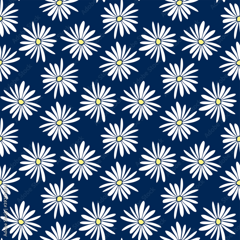 Beautiful white chamomile flowers isolated on blue background. Cute floral seamless pattern. Vector flat graphic hand drawn illustration. Texture.