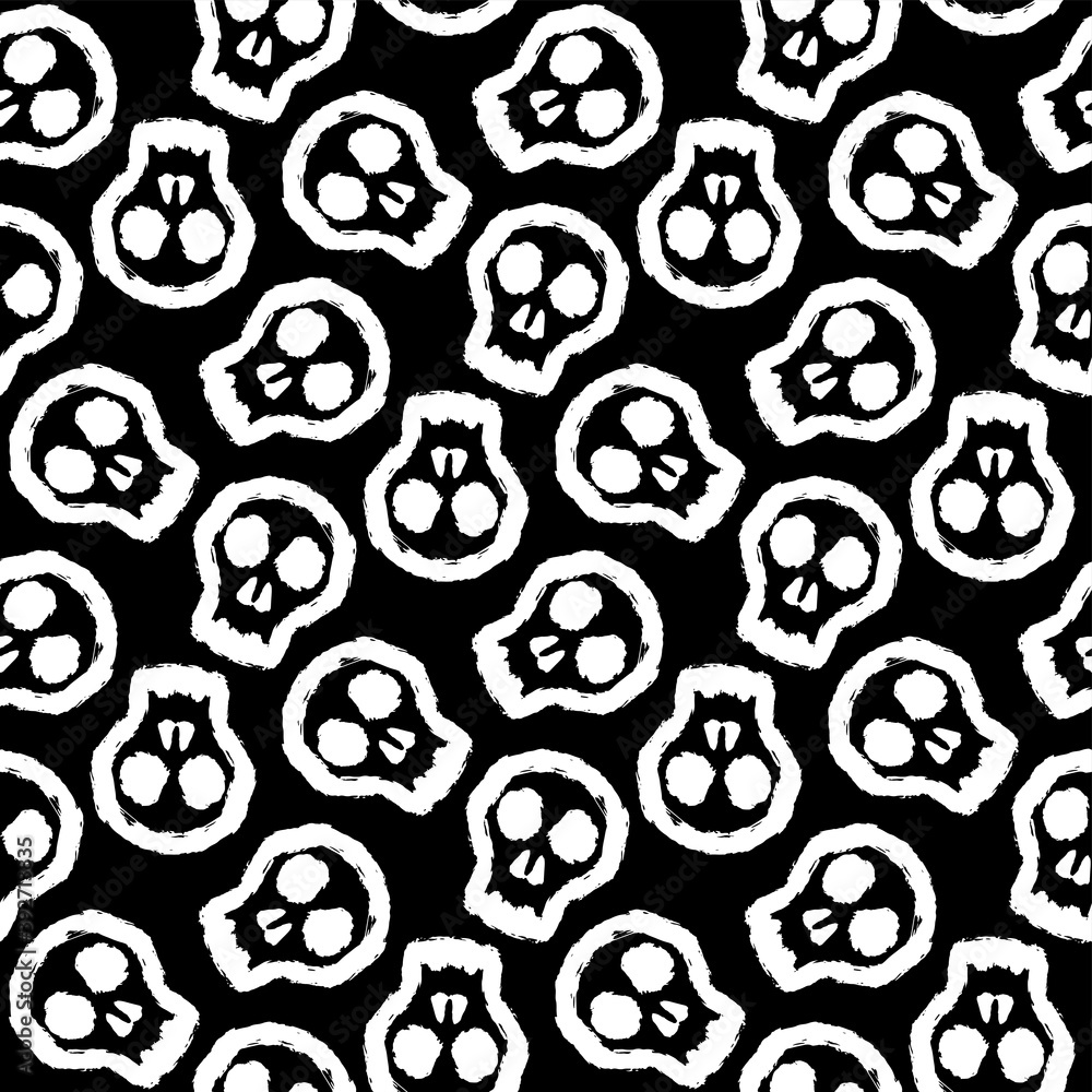 Obraz premium White ink skulls isolated on black background. Monochrome seamless pattern. Vector flat graphic hand drawn illustration. Texture.