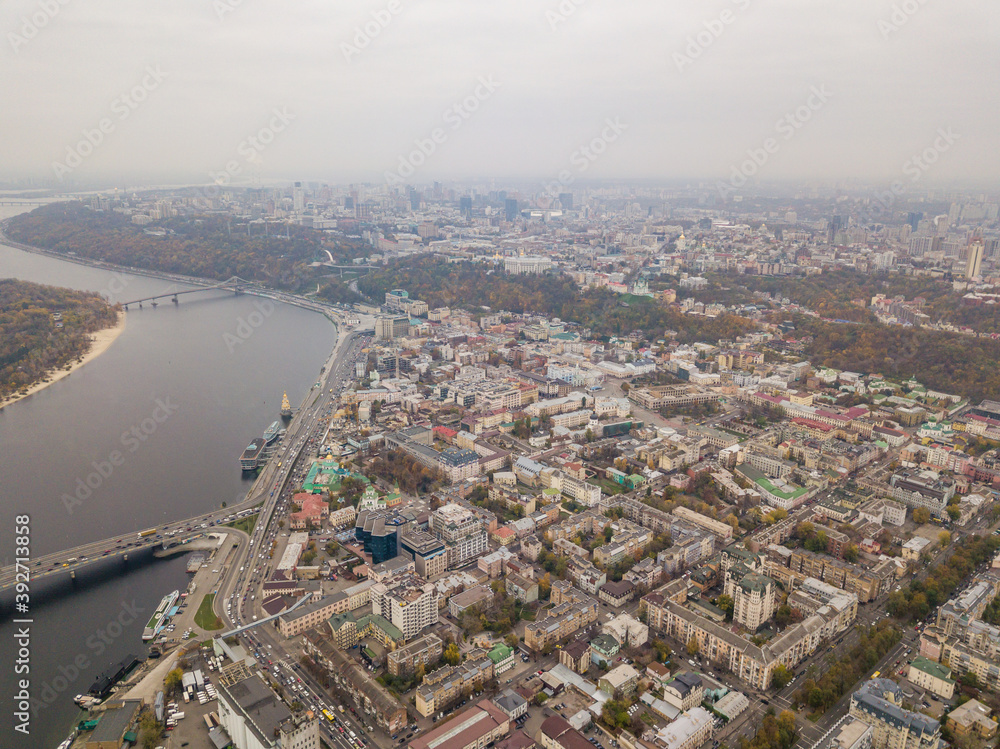 Aerial drone view. View of the Dnieper in Kiev.