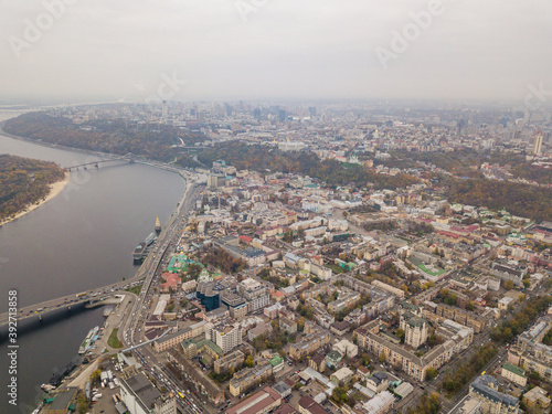 Aerial drone view. View of the Dnieper in Kiev.