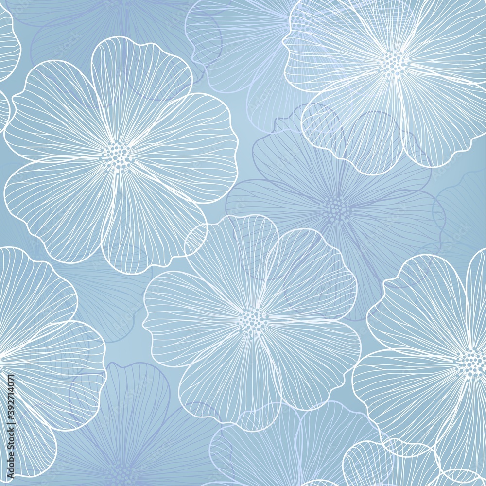 Seamless blue vector floral background drawing of a flower wild rose.