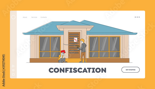 Bankruptcy, Finance Problem Landing Page Template. Frustrated, Disappointed Female Character Crying front of Home Door