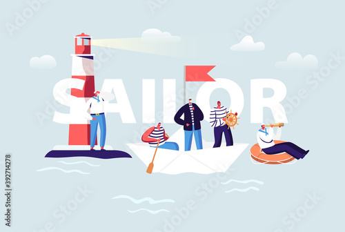Sailor Concept. Ship Crew in Uniform. Captain, Sailors in Stripped Vest at Steering Wheel and Life Buoy. Maritime Job