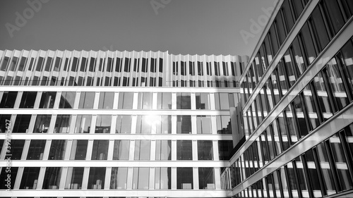 Abstract modern architecture with high contrast black and white tone. Architecture of geometry at glass window - monochrome. Black and white.