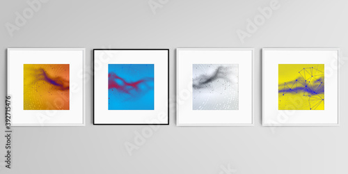 Realistic vector set of square picture frames isolated on gray background. Colorful wavy particle surface background for technology or science cyber space concept.