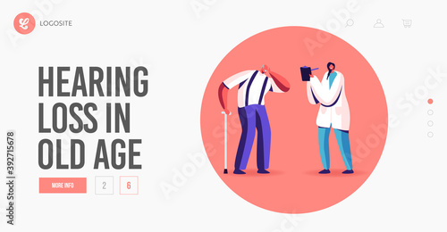 Senior Character at Medical Hear Exam Landing Page Template. Old manSuffering of Hearing Impairment Visiting Doctor