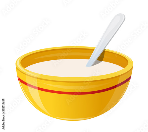 Milk in Ceramic Bowl, Healthy Food Breakfast. Realistic Yellow Soup Plate with Red Stripe and Spoon Full of White Liquid