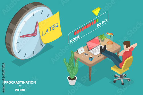 3D Isometric Flat Vector Conceptual Illustration of Procrastination at Work, Man is Relaxing at His Workplace and Delaying Tasks Until the Last Minute.