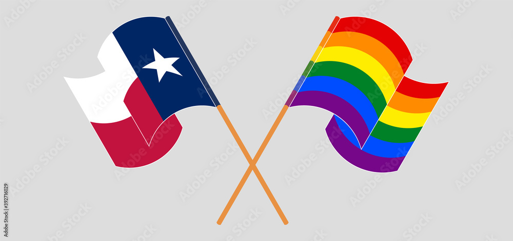Crossed and waving flags of the State of Texas and LGBTQ Crossed and waving flags of the State of Texas and LGBTQ