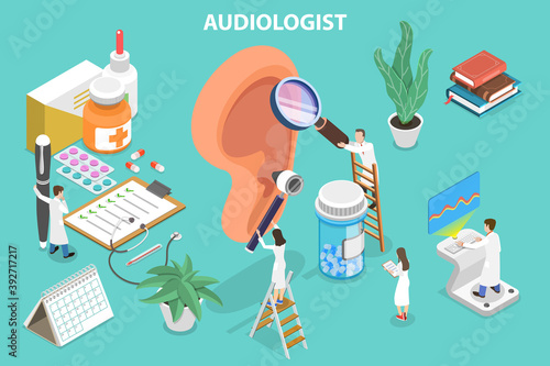 3D Isometric Flat Vector Conceptual Illustration of Audiology, Deafness and Hearing Loss Treatment.