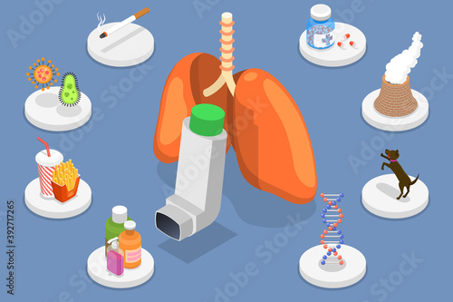 3D Isometric Flat Vector Conceptual Illustration of Bronchial Asthma Causes, Respiratory Disease Triggers.