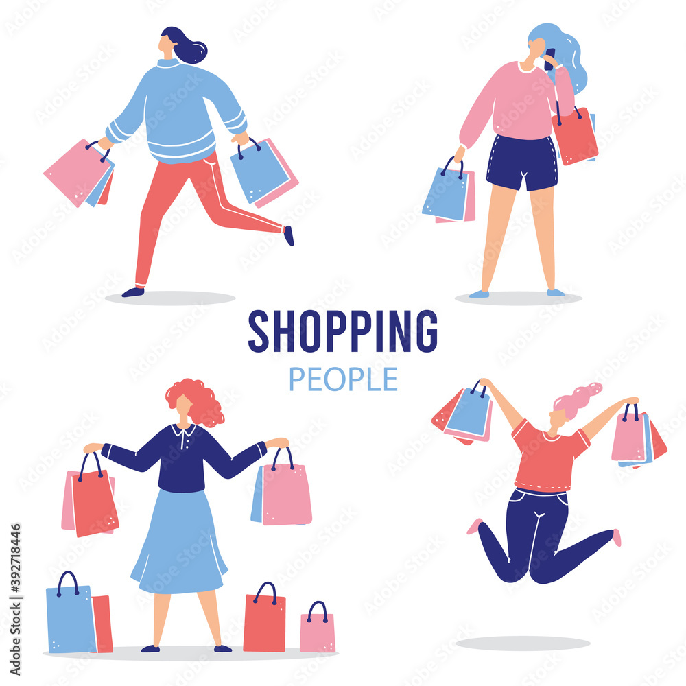 Set of shopping cartoon woman for sale, discount, buyer, customer concept. Female character with shopping package.