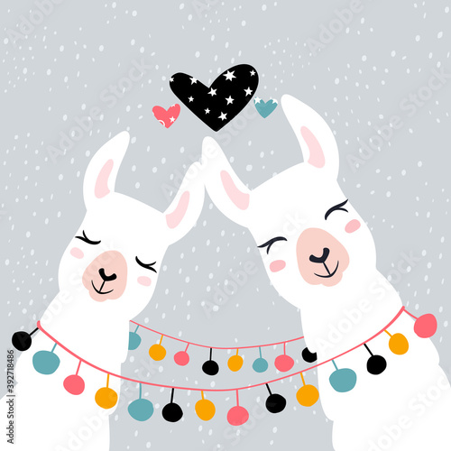 Llama Alpaca. Pair of loving llamas. Vector illustration