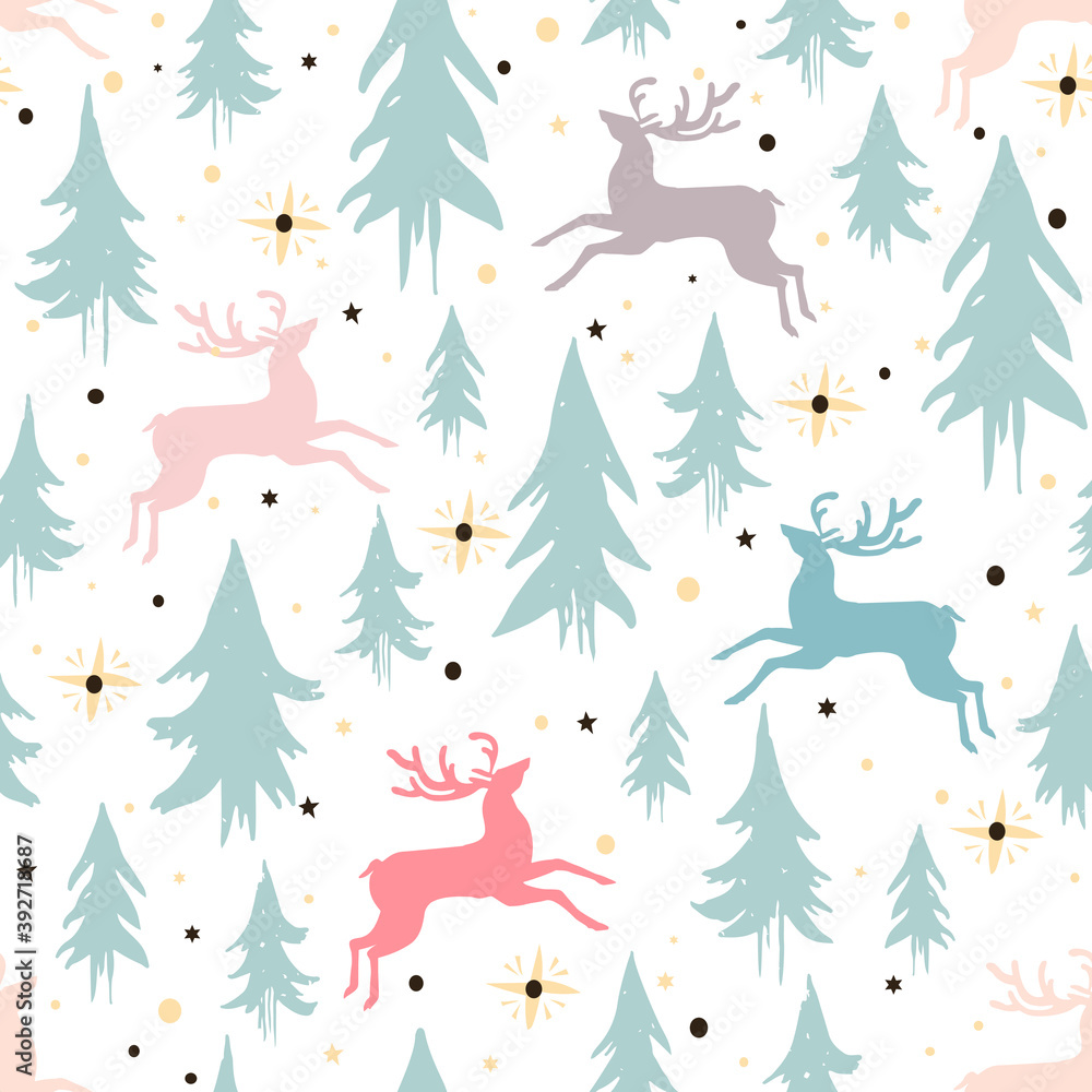 Christmas seamless pattern, deer with xmas pine tree doodle. Background for design and decoration textile, covers, package, wrapping paper. Christmas seamless pattern, deer with xmas pine tree doodle. Background for design and decoration textile, covers, package, wrapping paper.