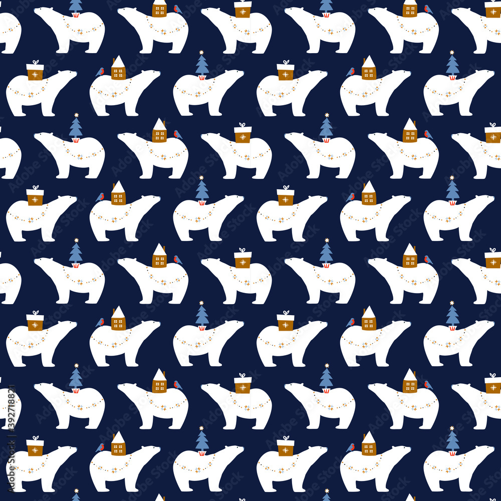 Fototapeta premium Merry Christmas! Seamless pattern with polar bears stock illustration. Arctic, Animal, Art, Backgrounds, Bear