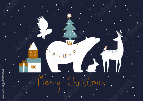 Merry Christmas! Card with a polar bear stock illustration. Arctic, Animal, Art, Bear, Celebration