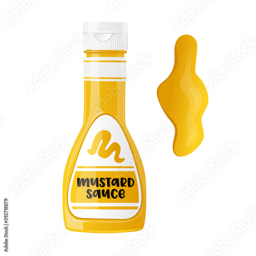 Realistic Bottle with Mustard Sauce, Yellow Tube with Label. Spicy Dressing, Condiment for Fast Food with Spilled Strip