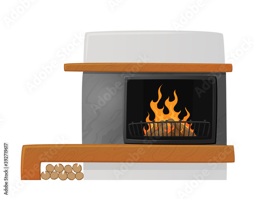 Fireplace of Natural Stone, Stove with Fire and Niche for Logs Isolated on White Background, Indoors Heating System