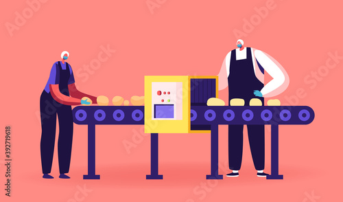 Potato Chips Plant Manufacturing Process. Workers Characters Wearing Uniform Peeling Raw Vegetables Stand at Conveyor