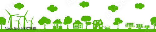 Concept ecology city with solar panel and wind turbine, wind solar energy, eco electric car - stock vector