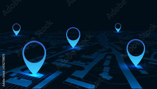 Night GPS navigator location on city map, from place to place – vector